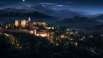 natt se av alhambra. generativ ai foto