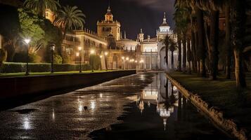 natt se av alcazar av sevilla. generativ ai foto