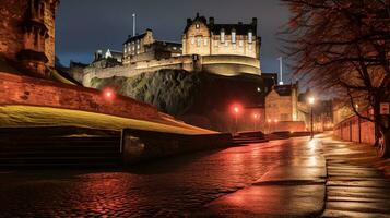 natt se av edinburgh slott. generativ ai foto