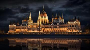 natt se av budapest parlament. generativ ai foto