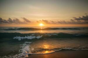 skön solnedgång se från strand, ai genererad. foto