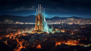 natt se av sagrada familia. generativ ai foto