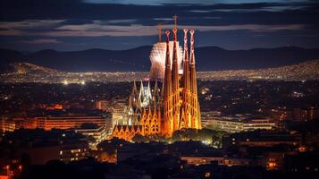 natt se av sagrada familia. generativ ai foto