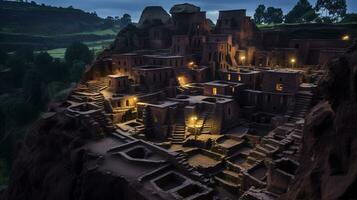 natt se av stenhuggen kyrkor av lalibela. generativ ai foto