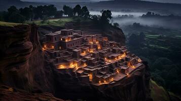 natt se av stenhuggen kyrkor av lalibela. generativ ai foto