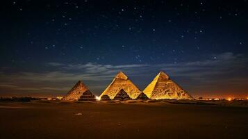 natt se av pyramider av giza. generativ ai foto