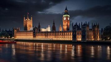 natt se av palats av westminster. generativ ai foto