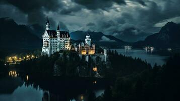 natt se av neuschwanstein slott. generativ ai foto