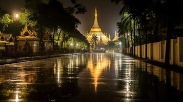 natt se av de shwedagon pagod. generativ ai foto