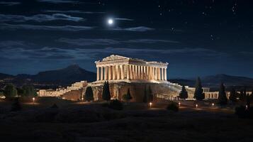 natt se av de parthenon. generativ ai foto