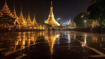 natt se av de shwedagon pagod. generativ ai foto