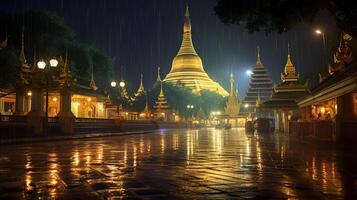 natt se av de shwedagon pagod. generativ ai foto