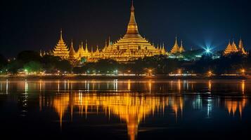 natt se av de shwedagon pagod. generativ ai foto