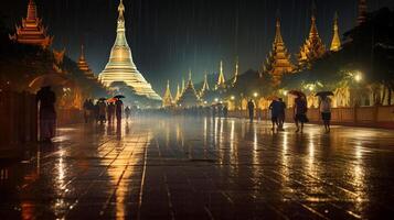 natt se av de shwedagon pagod. generativ ai foto