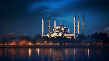 natt se av de blå moskén. generativ ai foto