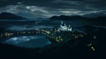 natt se av neuschwanstein slott. generativ ai foto