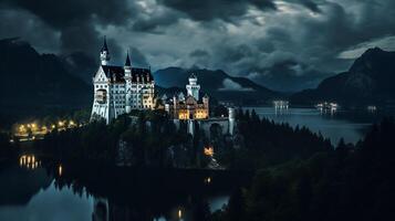 natt se av neuschwanstein slott. generativ ai foto