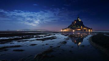 natt se av mont saint-michel. generativ ai foto