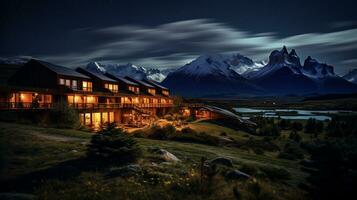 natt se av torres del paine hotell. generativ ai foto