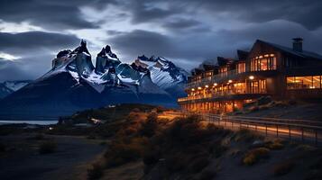 natt se av torres del paine hotell. generativ ai foto