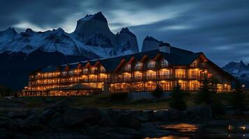 natt se av torres del paine hotell. generativ ai foto