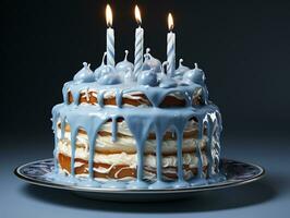 blå och vit födelsedag kaka med en enda ljus på en blå bakgrund ai generativ foto