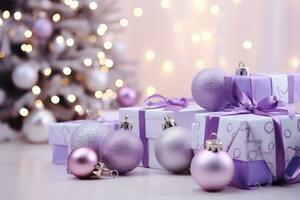 vit och lila jul bollar och jul gåva lådor. generativ ai foto