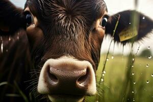 närbild av de näsa och näsborrar av en ko i de bete. generativ ai foto
