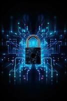 cyber säkerhet begrepp. låsa och förbindelse nätverk symbol på blå bakgrund. generativ ai foto