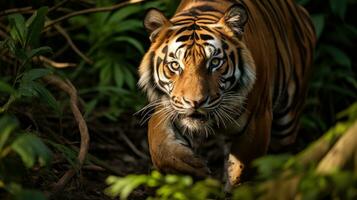 porträtt av sumatran tiger i en djungel, panthera tigris sumatrae. generativ ai foto
