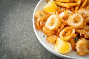 tallrik med bläckfisk och pommes frites foto