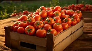 nyligen plockade tomat frukt från trädgård placerad i de lådor. generativ ai foto