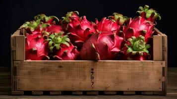 nyligen plockade röd pitahaya frukt från trädgård placerad i de lådor. generativ ai foto
