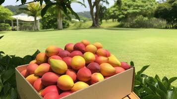 nyligen plockade saipan mango frukt från trädgård placerad i de lådor. generativ ai foto