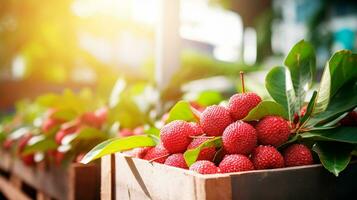 nyligen plockade litchi frukt från trädgård placerad i de lådor. generativ ai foto