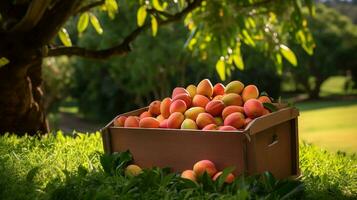 nyligen plockade mango frukt från trädgård placerad i de lådor. generativ ai foto