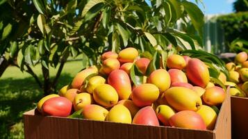 nyligen plockade mango frukt från trädgård placerad i de lådor. generativ ai foto