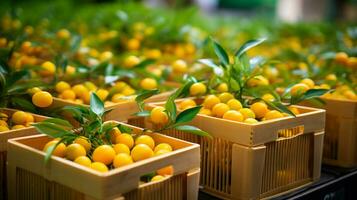 nyligen plockade kumquat frukt från trädgård placerad i de lådor. generativ ai foto