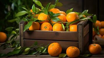 nyligen plockade clementine frukt från trädgård placerad i de lådor. generativ ai foto