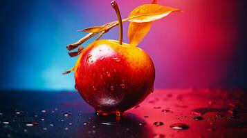 Foto av barbados körsbär frukt halv mot en färgrik abstrakt bakgrund. generativ ai