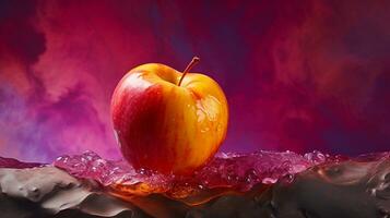Foto av äpple frukt halv mot en färgrik abstrakt bakgrund. generativ ai