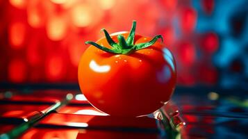Foto av tomat frukt halv mot en färgrik abstrakt bakgrund. generativ ai