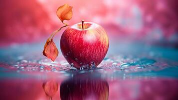 Foto av reste sig vatten äpple frukt halv mot en färgrik abstrakt bakgrund. generativ ai