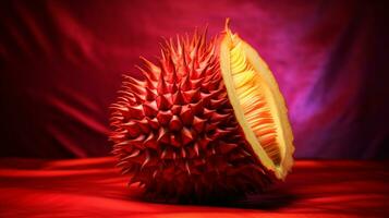 Foto av röd Durian frukt halv mot en färgrik abstrakt bakgrund. generativ ai
