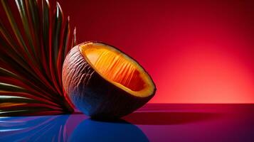 Foto av handflatan frukt halv mot en färgrik abstrakt bakgrund. generativ ai