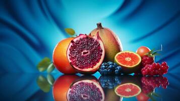 Foto av mombin frukt halv mot en färgrik abstrakt bakgrund. generativ ai