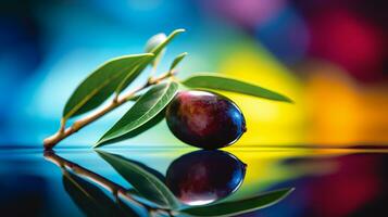 Foto av oliv frukt halv mot en färgrik abstrakt bakgrund. generativ ai