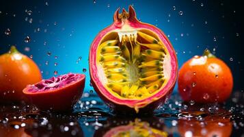 Foto av maracuja frukt halv mot en färgrik abstrakt bakgrund. generativ ai