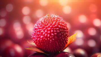 Foto av litchi frukt halv mot en färgrik abstrakt bakgrund. generativ ai