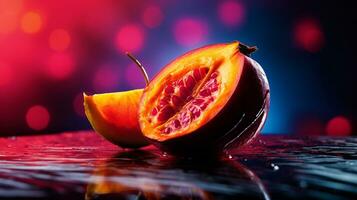 Foto av mamoncillo frukt halv mot en färgrik abstrakt bakgrund. generativ ai